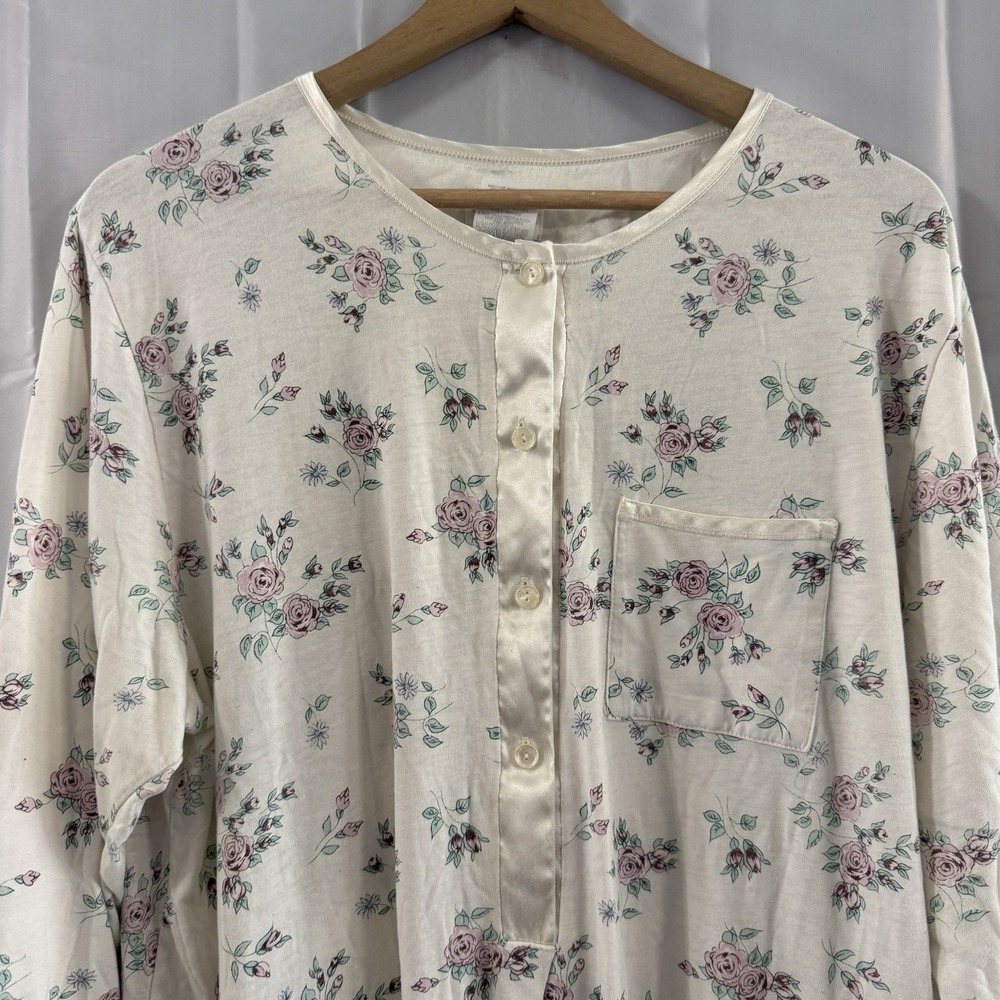 Vintage Y2K Nightgown Long Modest Plus 2XL Ivory Purple Floral Cottagecore